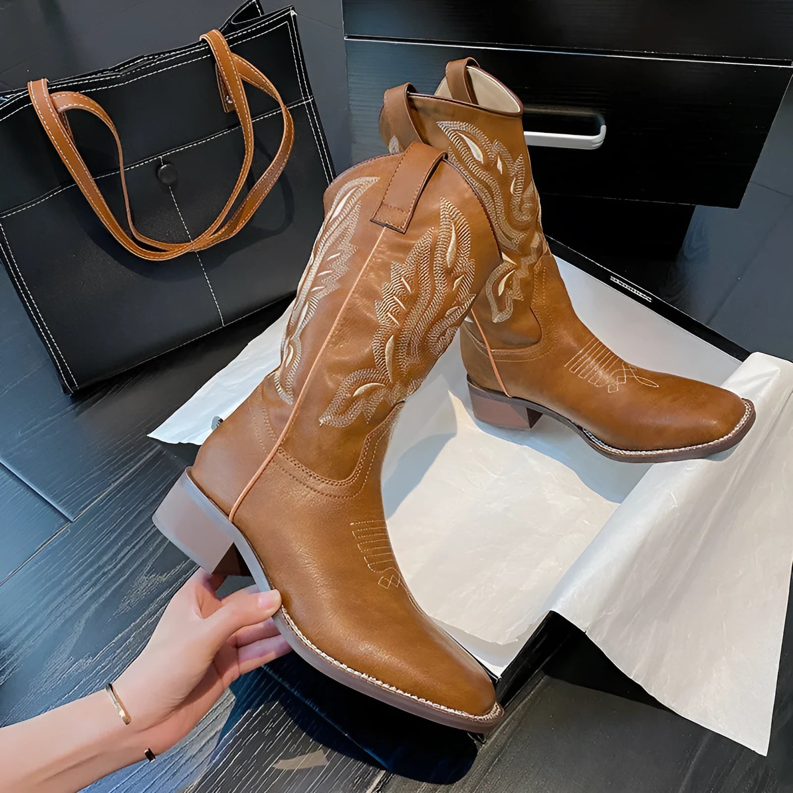 Brown embroidered women's Martin boots with mid-calf length, leather lining and square low heel