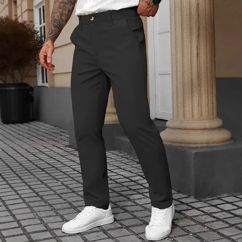 Men's straight leg polyester trousers in four colours: black, apricot, white and grey