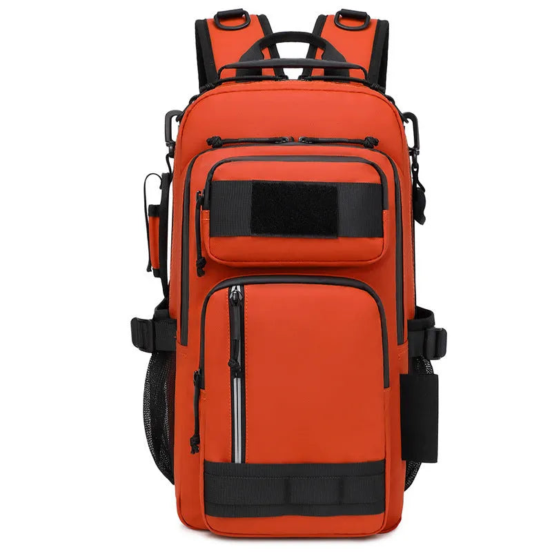 Orange durable Derm material outdoor hiking backpack with 20-35 litre capacity.