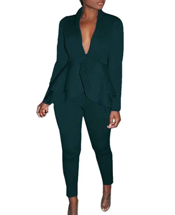 Ruffled sleeve business blazer and pencil trouser uniform set in polyester fabric