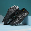 Children's quick-dry wading swimming shoes in grey with a non-slip rubber sole and elastic band.