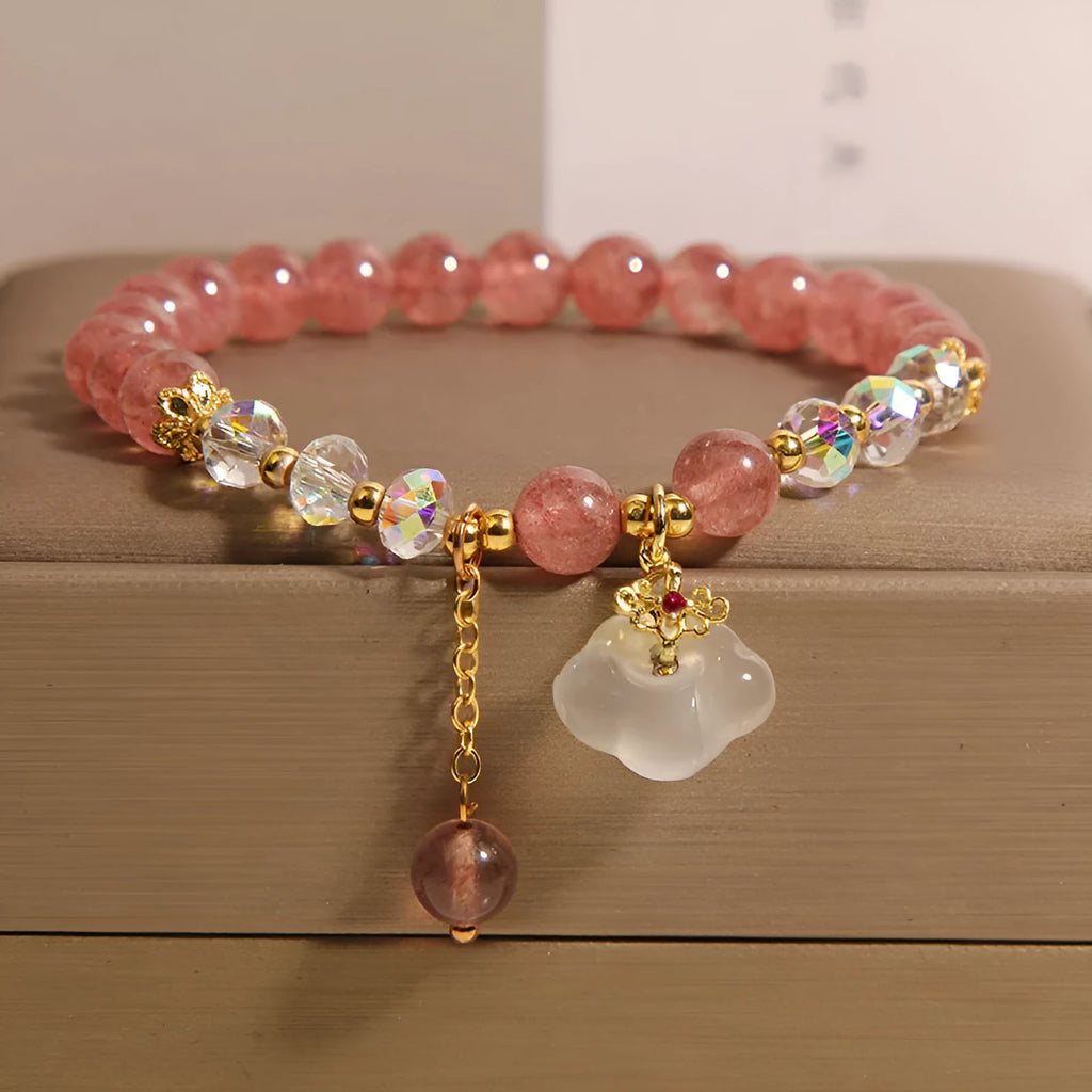 Women's natural strawberry quartz and white agate crystal bracelet with auspicious clouds detailing