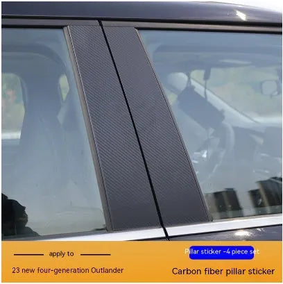 Pre-cut protective film set for 23 Outlander window pillars in carbon fibre pattern and bright black finishes.