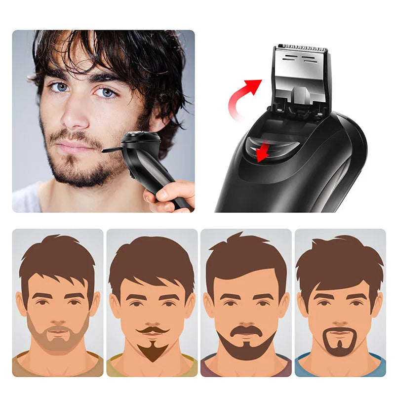 Men's electric shaver kit with three floating heads, pop-up trimmer, USB cable, and accessories on grey background