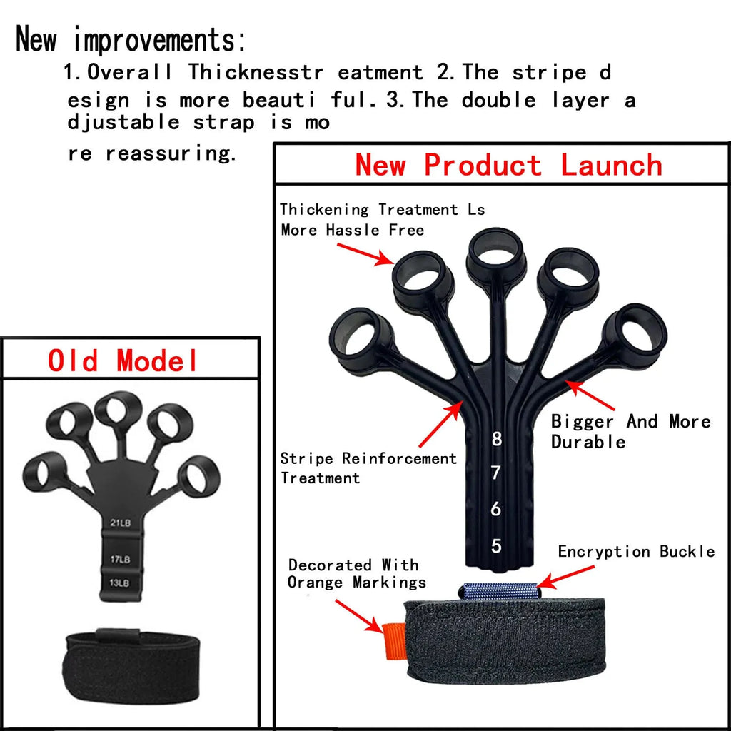 Silicone finger flexion and extension rehabilitation trainer with adjustable strap in black or grey.
