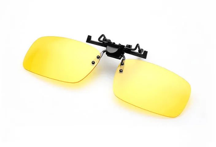PC clip-on sunglasses accessory for prescription glasses in large or small size with gray, green, or night vision lens.