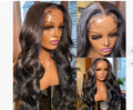 Black synthetic wig with long, wavy hair and a sheer lace front on a mannequin head.