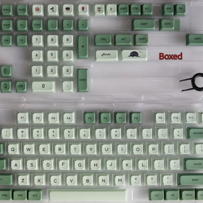Matcha coloured PBT keycap set with 124 keys showing multiple language legend options