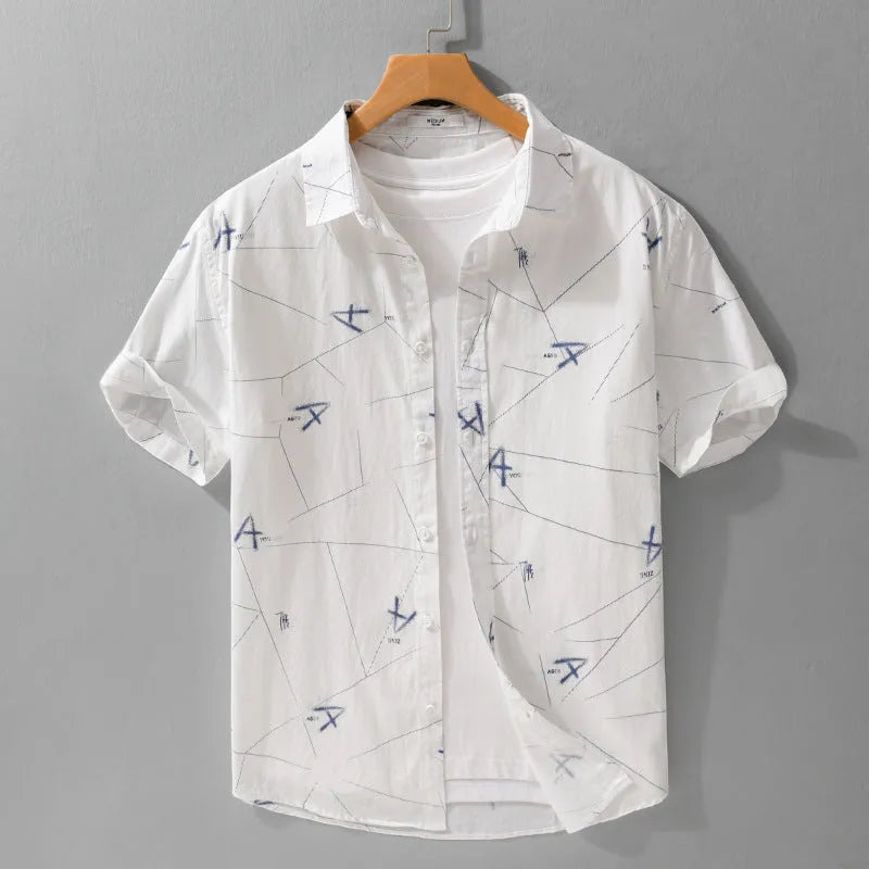 Pure cotton letter printed short sleeve shirt in white loose cardigan style front view