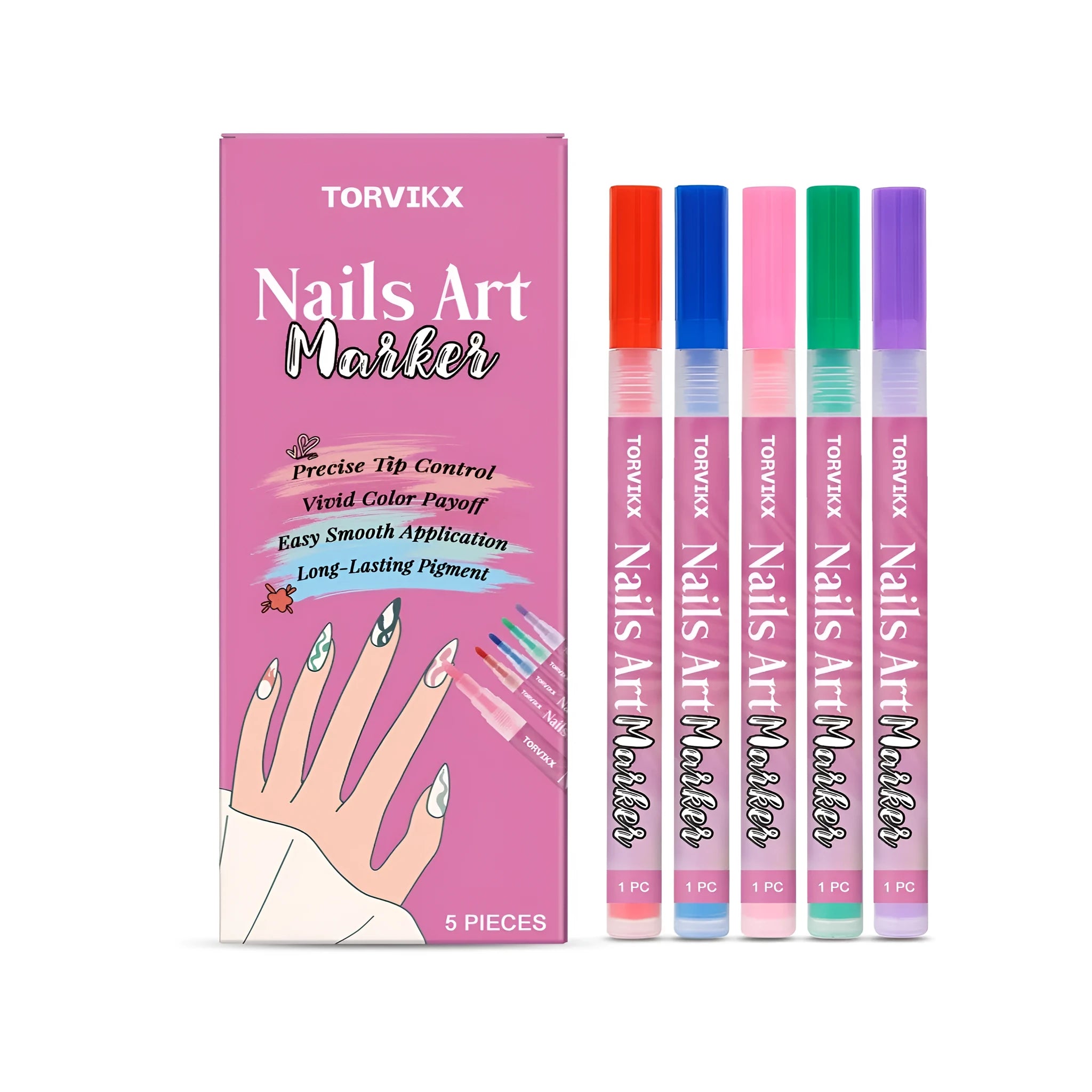 Set of five manicure art graffiti pens in red, blue, powder pink, violet and green colours