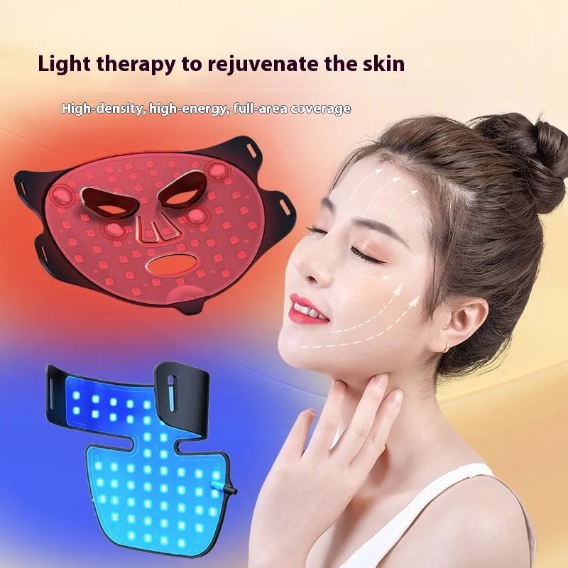 Black LED photon therapy facial mask with four colour infrared lights and neck support strap