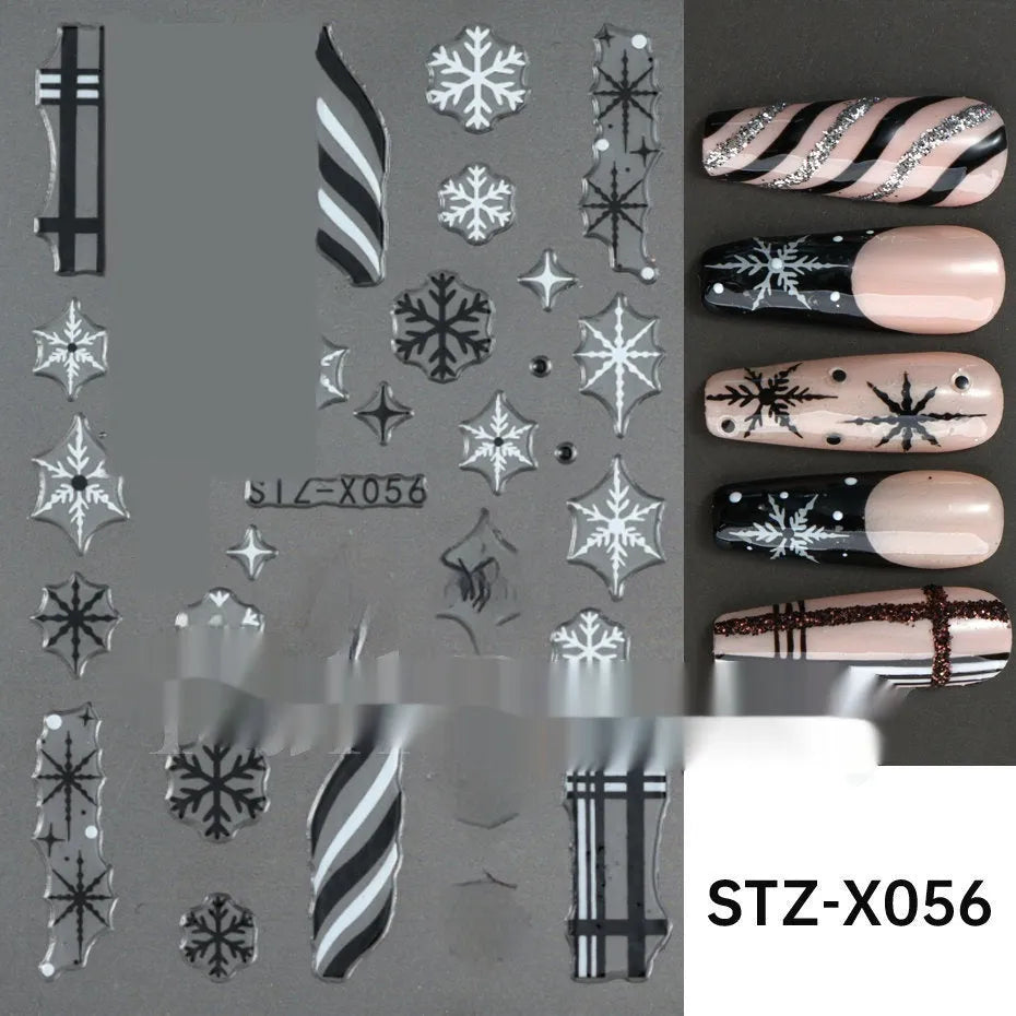 Cartoon-themed nail art sticker sheet with black and silver strip patterns and love motifs