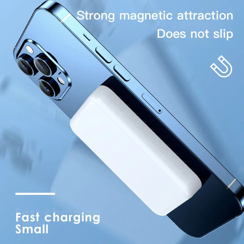 Pink magnetic wireless power bank showing dimensions and plastic shell.