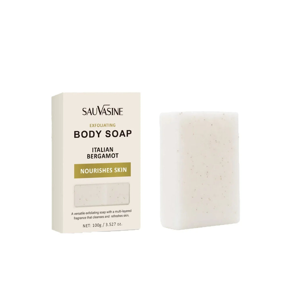 A single bar of exfoliating and moisturising bath soap for adult body cleansing.