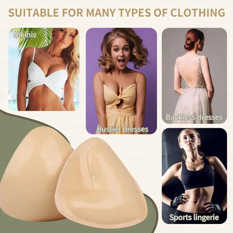 Double sided adhesive silicone bra inserts for push up lift in nude shades, reusable and water resistant
