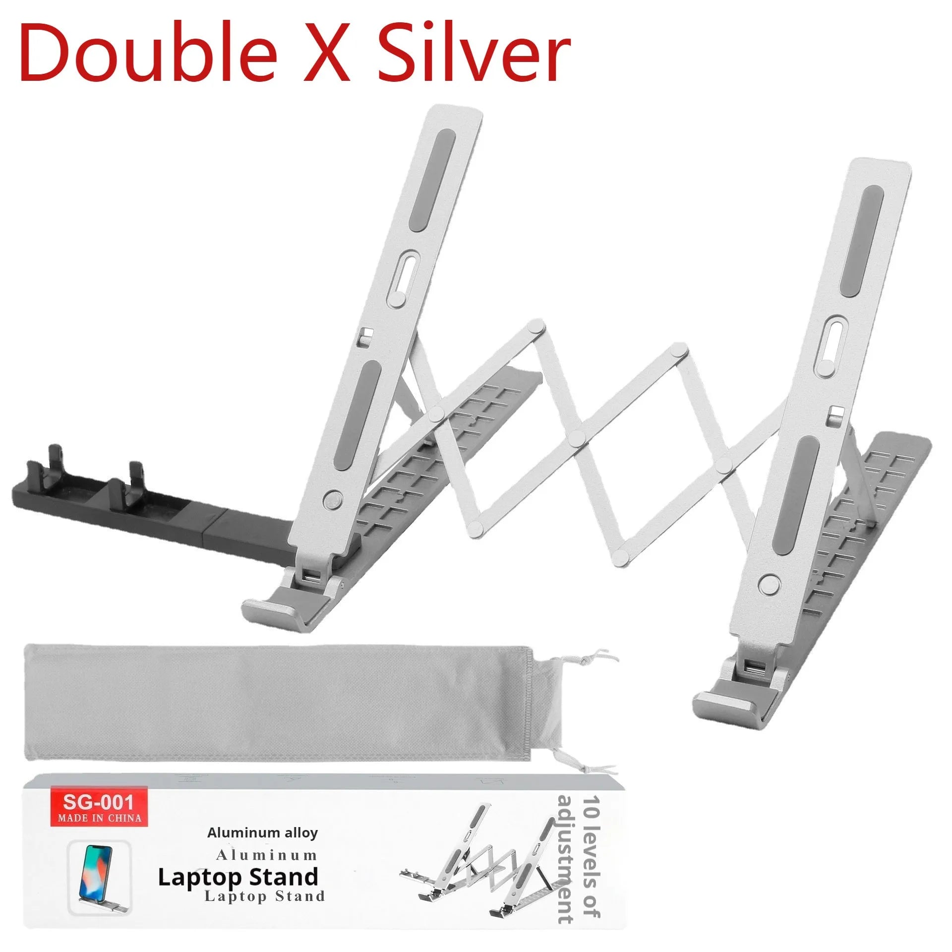 Three-fork aluminium alloy laptop stand in silver with adjustable lifting design for heat dissipation