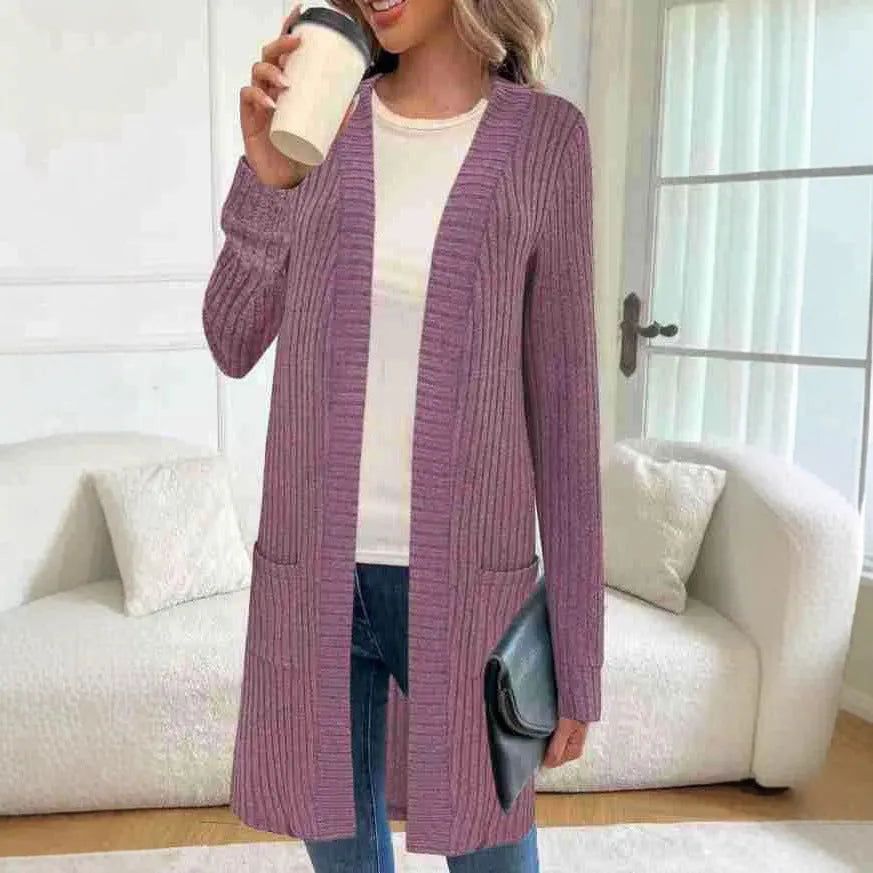 A loose-fitting long sleeve cardigan jacket with pockets, shown in black, wine red, and grey colour options.