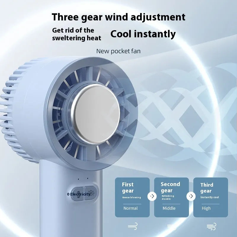 White handheld turbo jet fan with brushless motor, ice-cooling function, and 3 speed gears on a light background