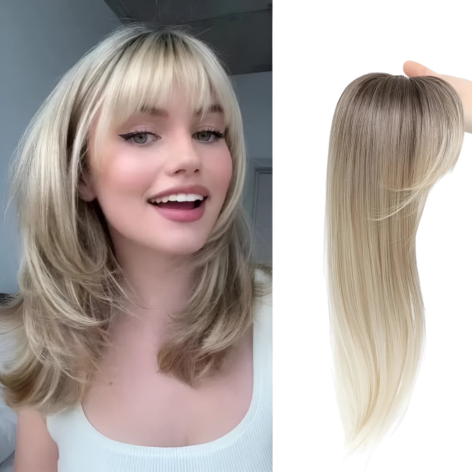 Synthetic clip-in hair extension wig with inner buckle attachment in one of six available colour styles