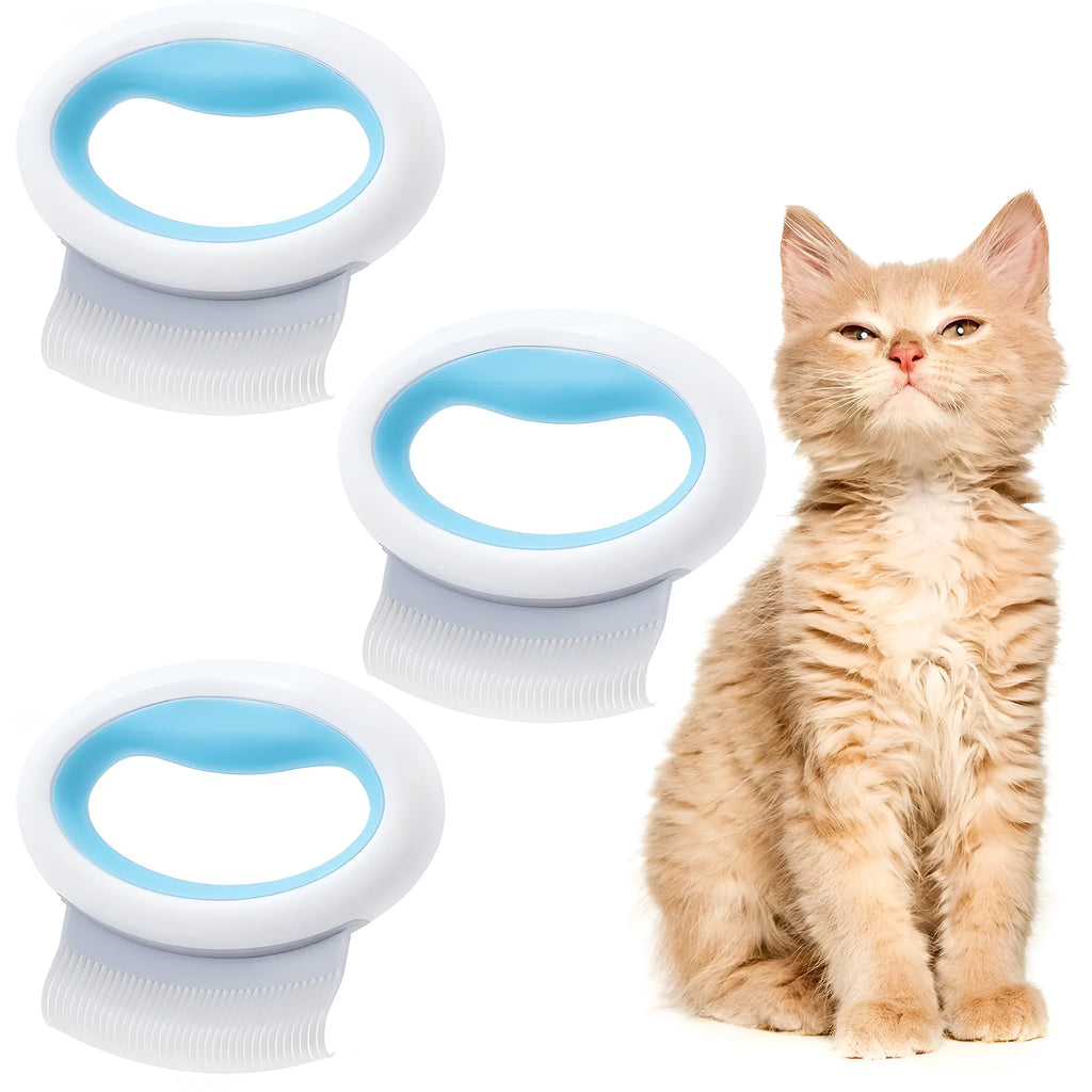 Blue pet deshedding comb with soft teeth and ergonomic handle for cats and dogs.