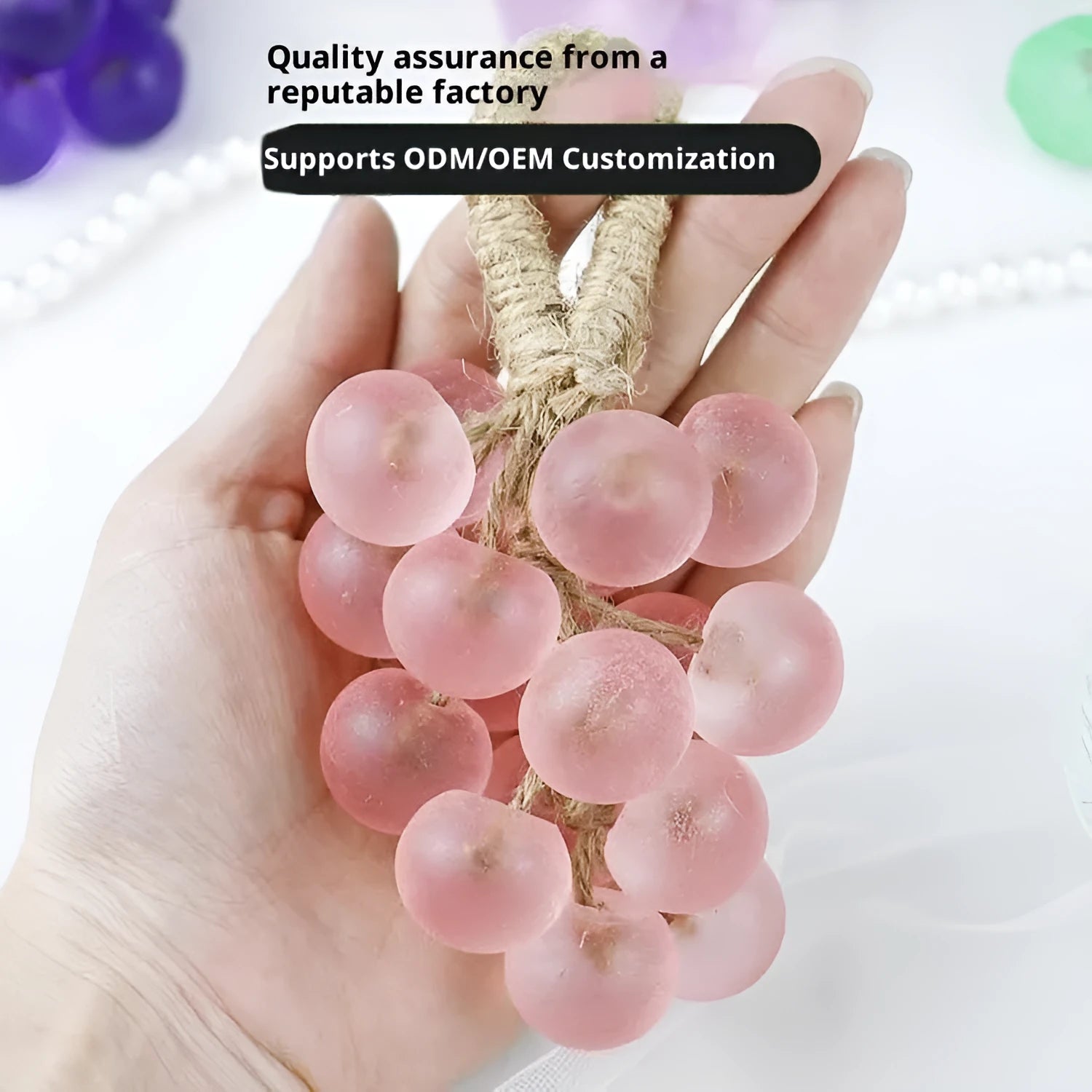 Handmade crystal grape soap with brown cotton string on a surface, 25g gift set