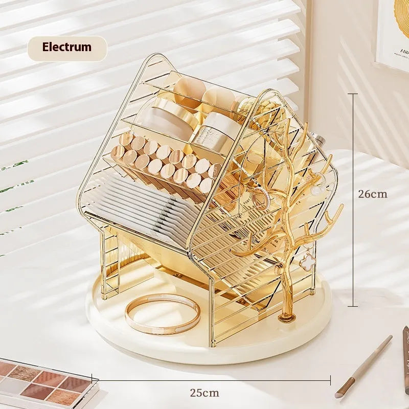 Transparent plastic rotating cosmetics storage box in clear and amber gold colour on a vanity table.
