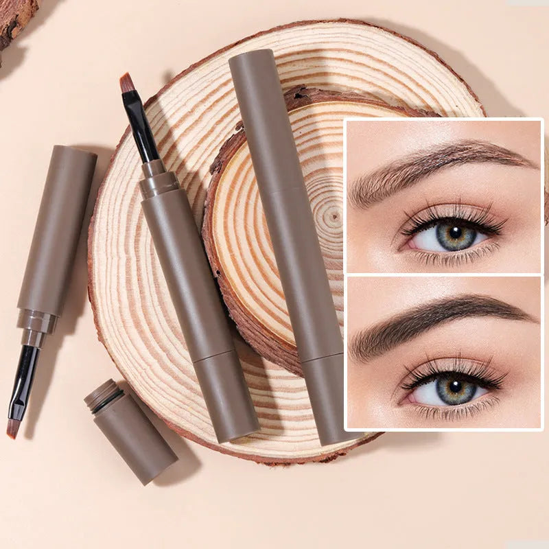 Double-headed eyebrow cream tube showing five shade options: reddish brown, brown, light brown, dark brown, and black.