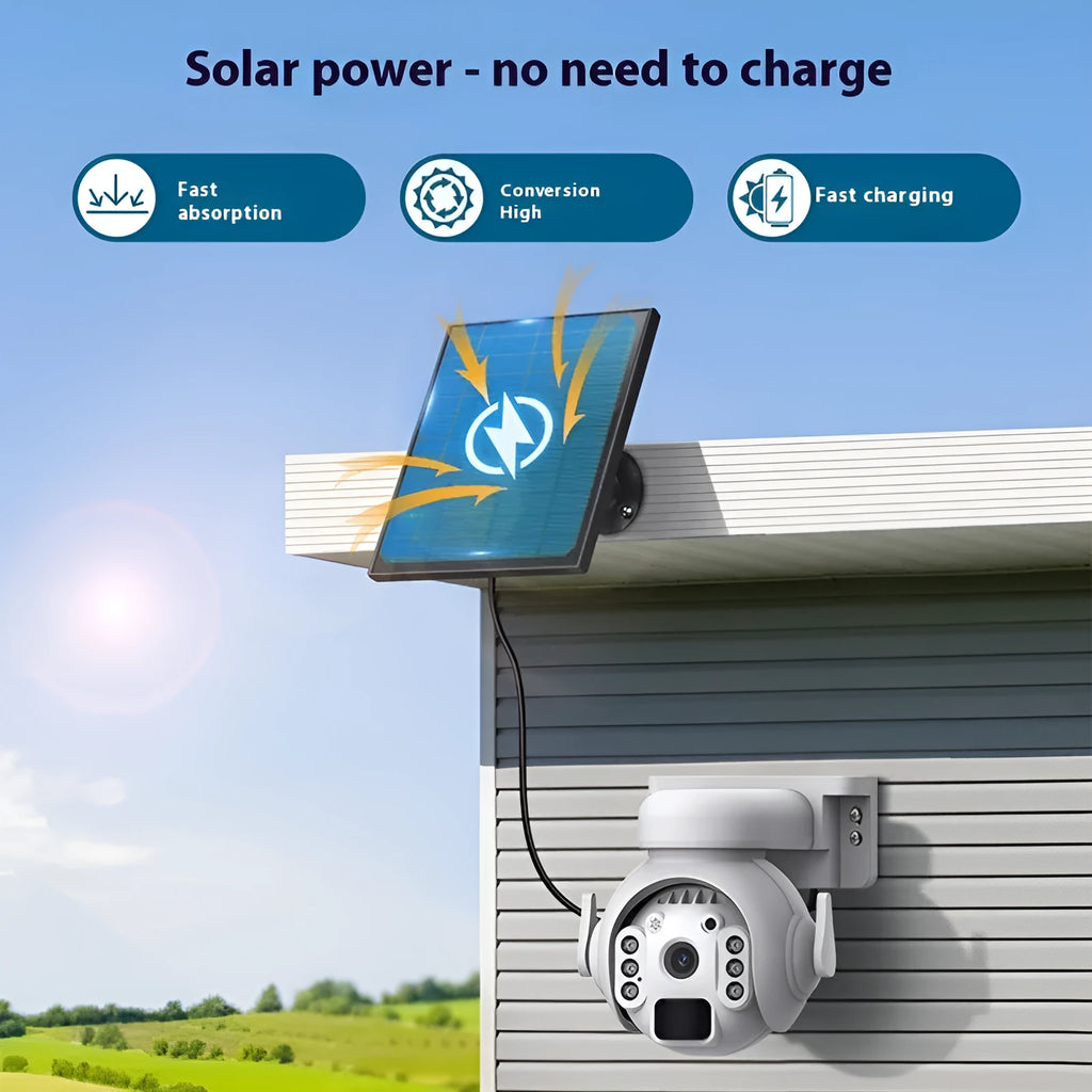 Q55 solar security camera with integrated solar panel in camouflage finish