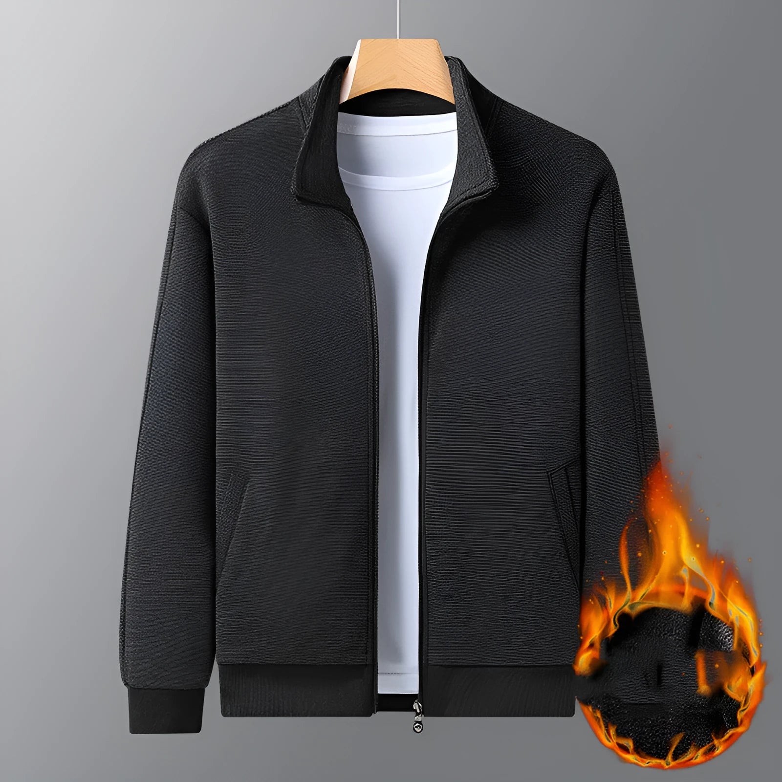 Men's black athletic fit casual jacket with a standing collar and front zip.