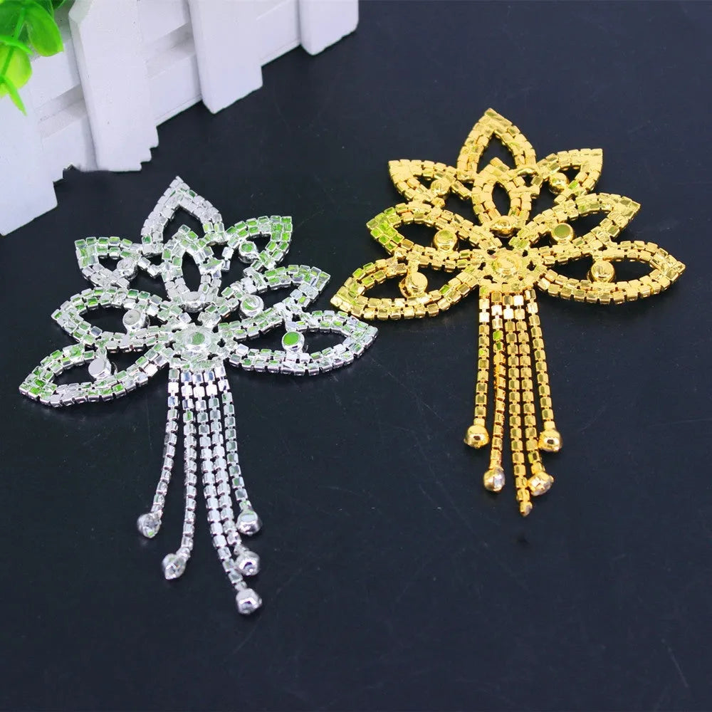 Crystal rhinestone flower applique with tassel in gold white diamond for wedding dress decoration
