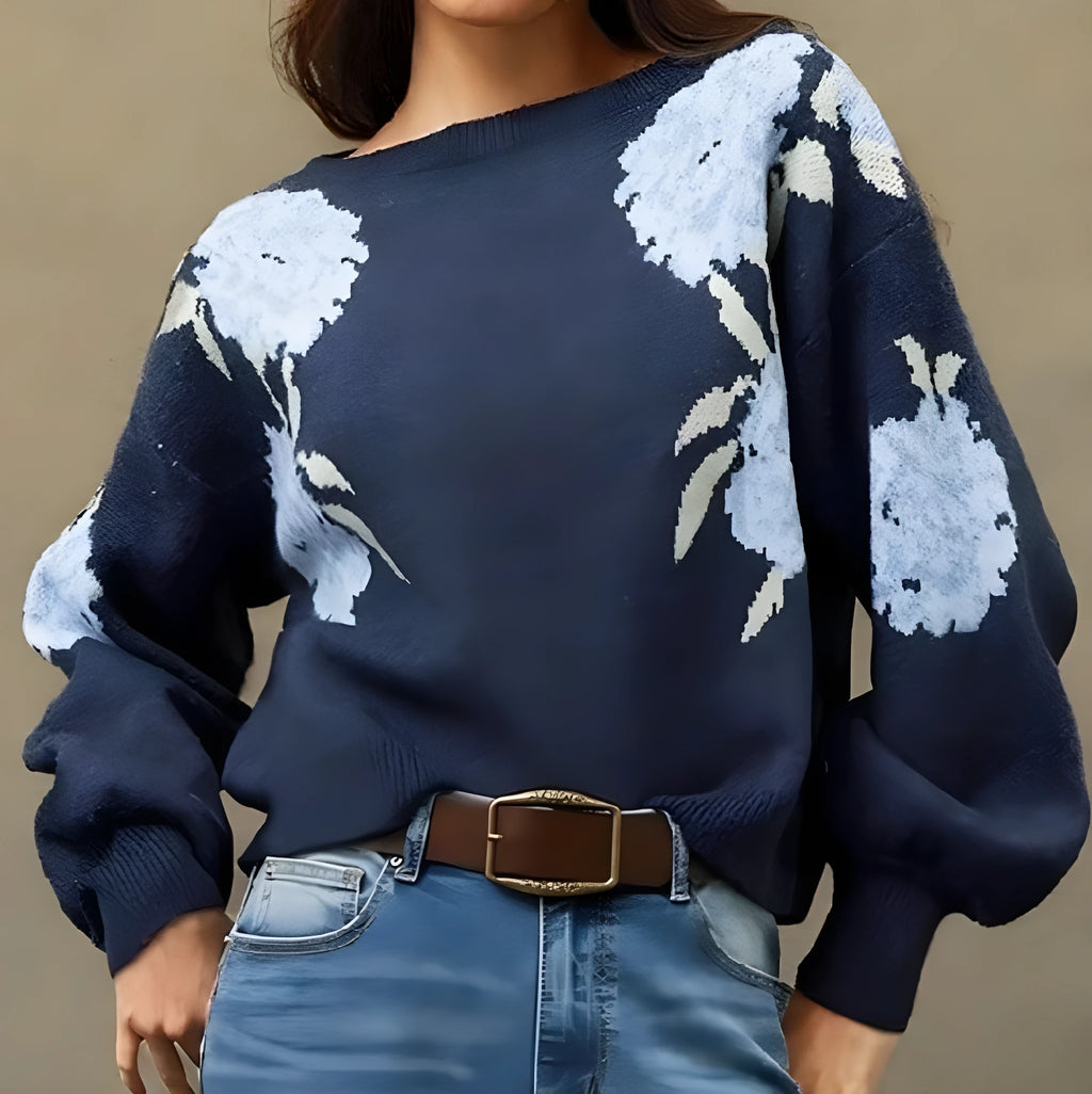 Sapphire blue women's off-neck pullover with a floral jacquard pattern and long sleeves.