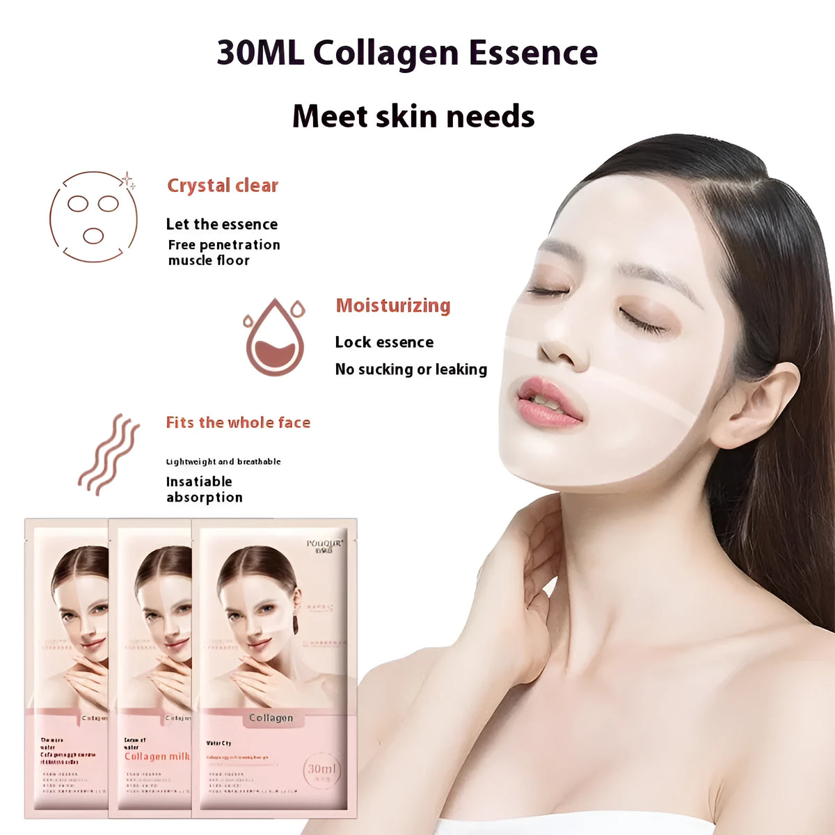 Water-sensitive collagen lotion facial mask box with 30ml sachets and 3 sheet masks for ladies