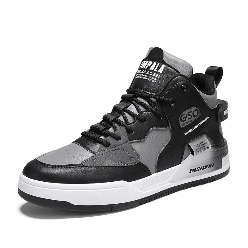 Men's khaki high-top casual shoes with PU upper and rubber sole on flat surface