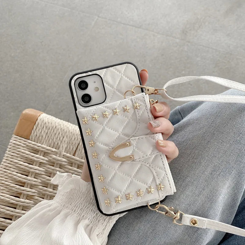 Flip messenger card wallet phone case in imitation leather for iPhone, shown in red, white, pink, and black