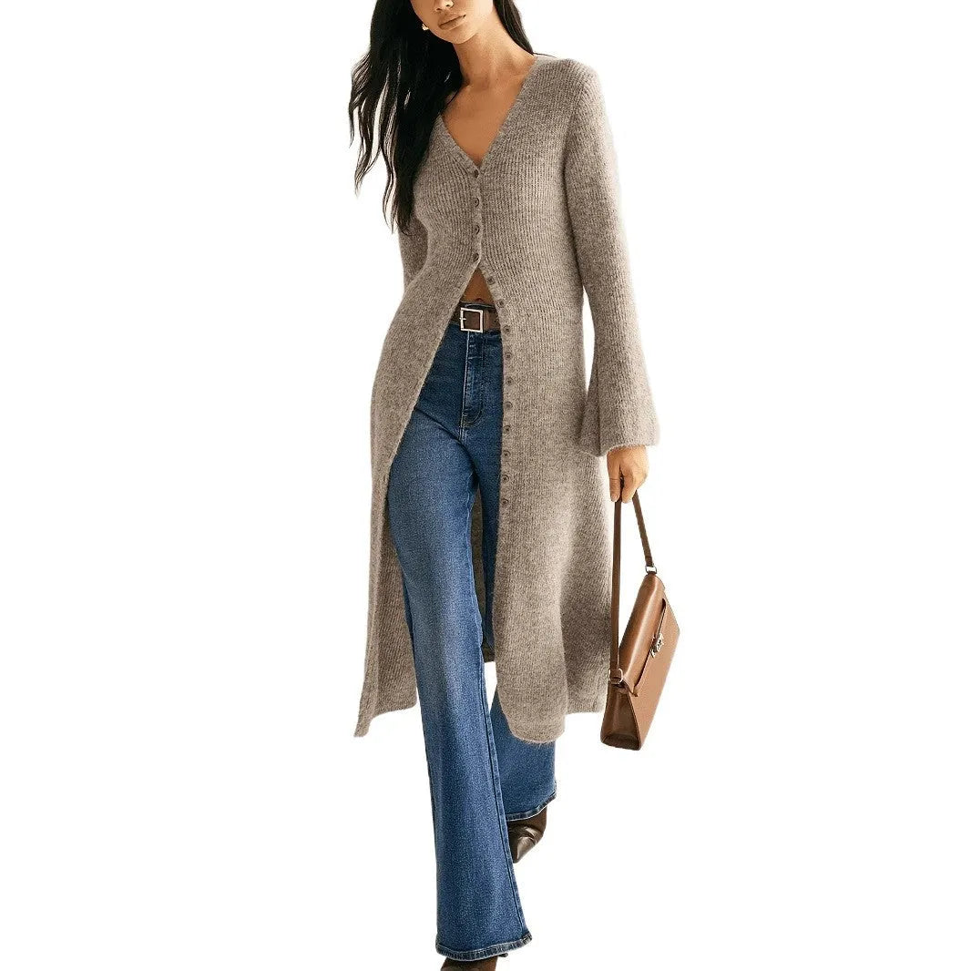 Khaki long sleeve cardigan coat with button front on a model