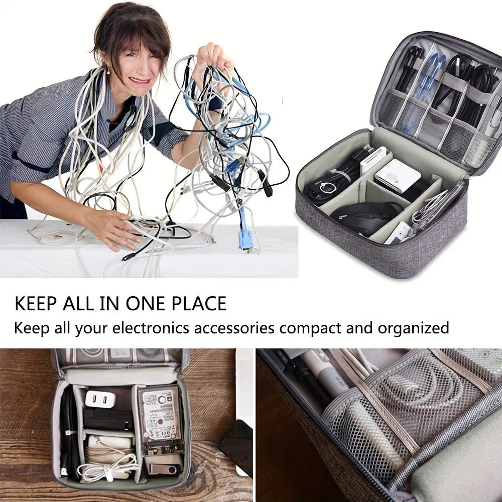 Black travel cable organiser bag with removable dividers and mesh pockets for electronic accessories