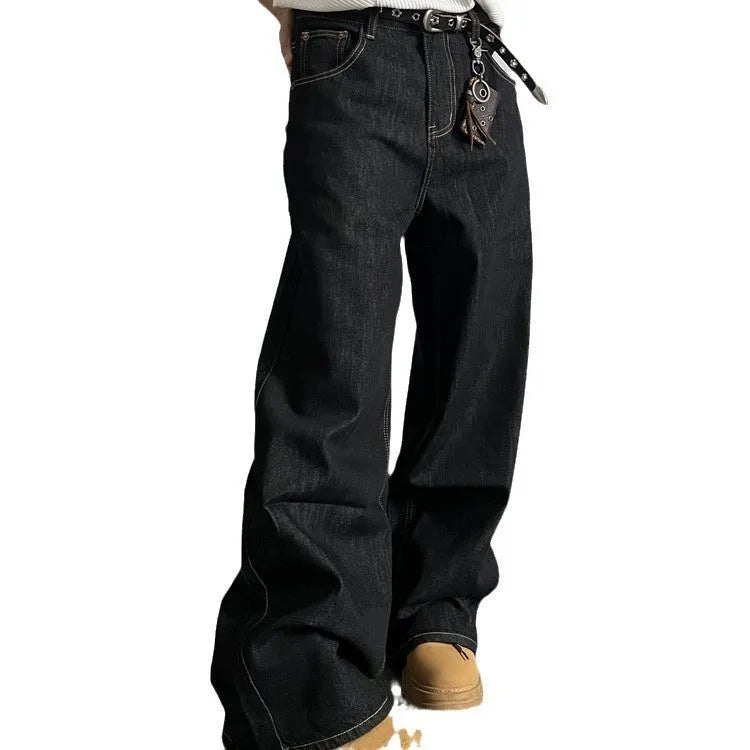 Black retro wide-leg jeans with straight-leg silhouette and mid-waist design