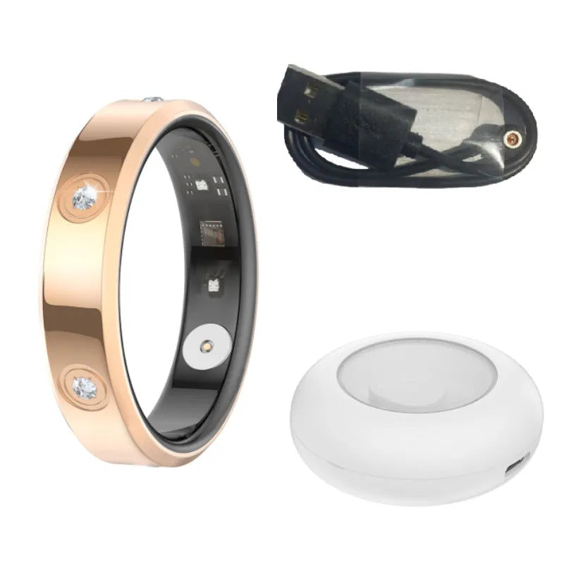 Silver intelligent smart ring with line charger, finger worn for blood oxygen and heart rate exercise monitoring