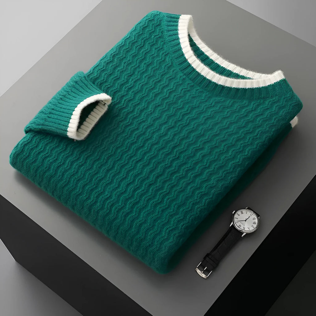 Men's round neck twisted design colour matching sweater in wool, casual loose fit, black colour
