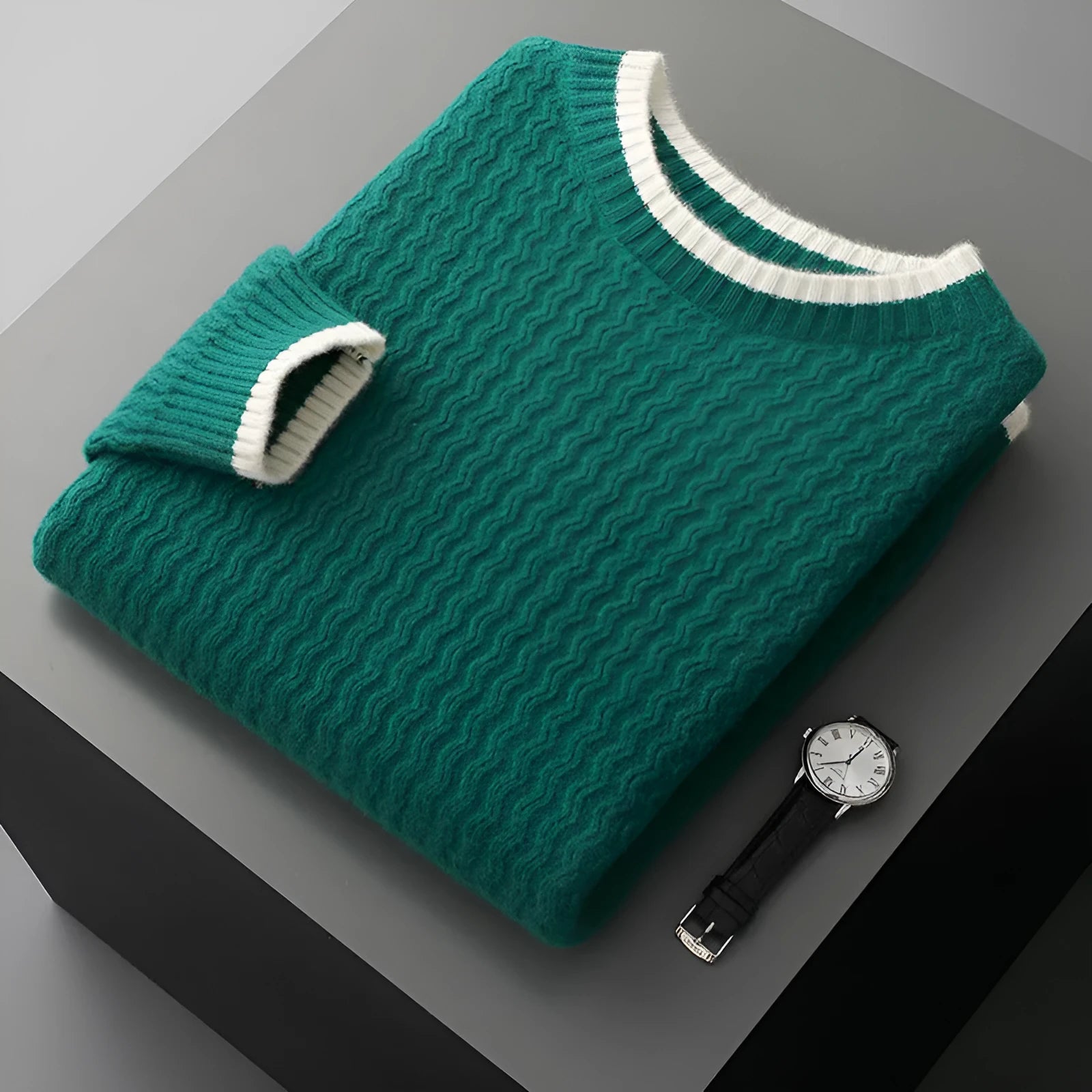 Men's round neck twisted design colour matching sweater in wool, casual loose fit, black colour