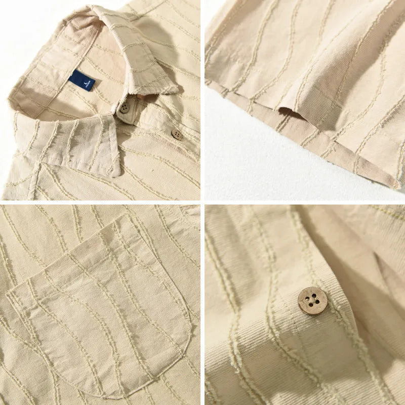 Men's apricot and army green pure cotton short sleeve casual shirt on hanger