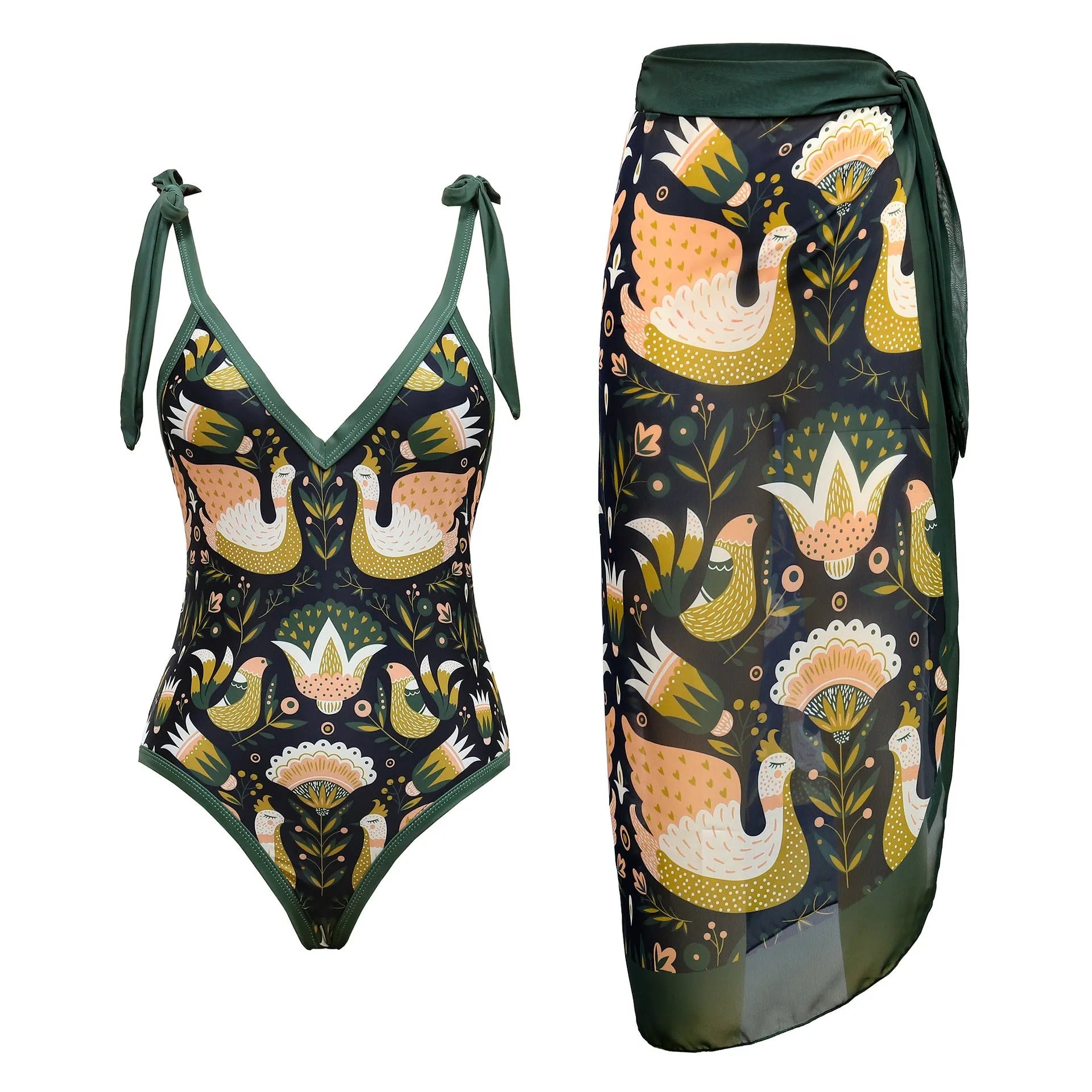 Women's solid colour spaghetti strap one-piece swimsuit with a matching skirt laid flat