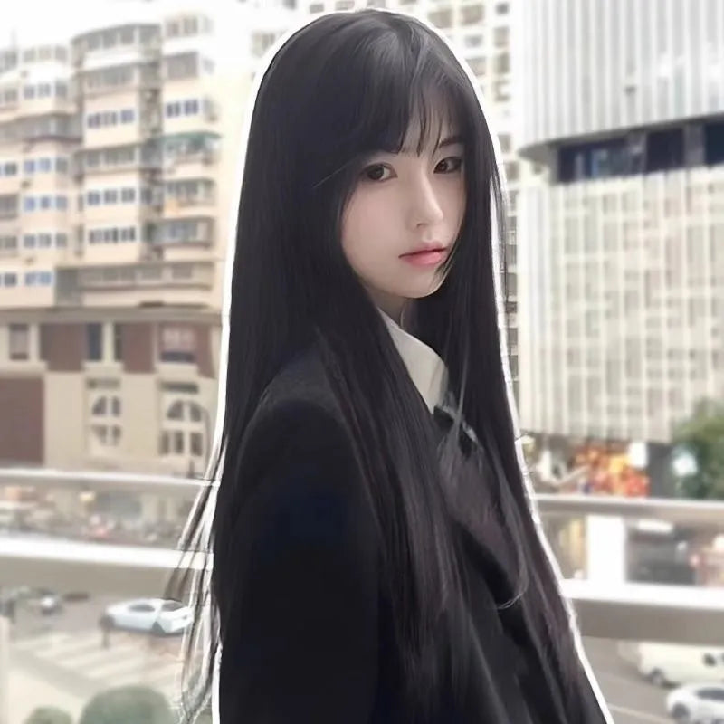 Black long straight synthetic wig with bangs for women in brown-black colour option