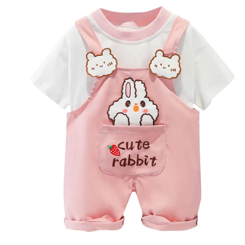 Yellow cartoon print baby overalls with adjustable straps, short sleeves, and an openable front.
