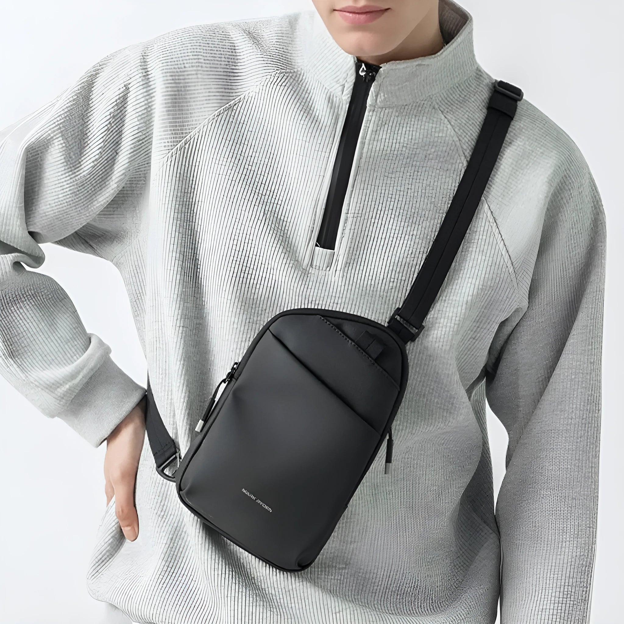 Men's black Oxford cloth crossbody bag with reinforced stitching