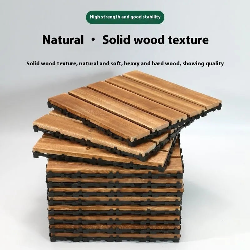 Square camphor pine floor panels with a brushed wood finish, shown in a 30x30cm size.