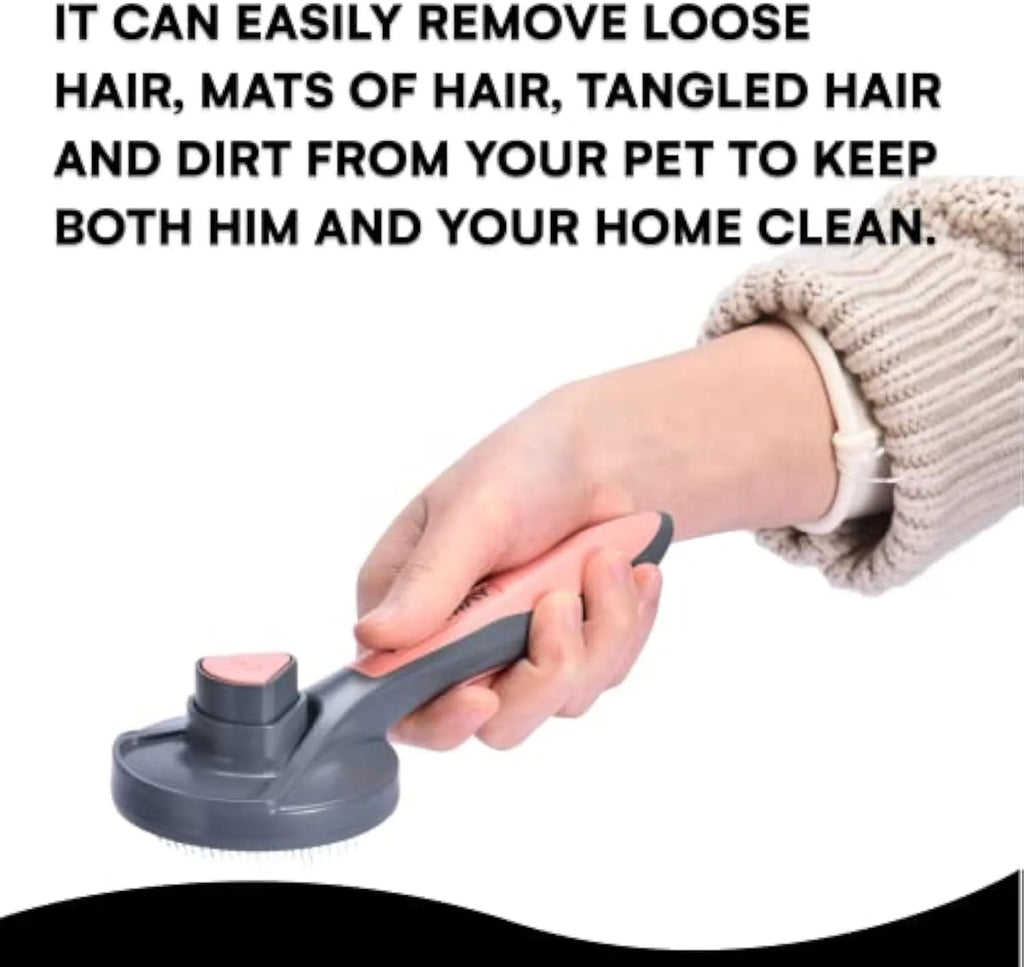 Grey, green, or pink self-cleaning slicker brush for grooming cats and dogs on a white background