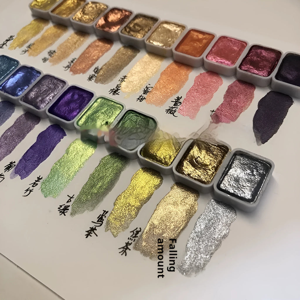 Traditional Chinese painting mineral pearlescent watercolour set with tubes in warm colours, cold colours, and metallic gold paints