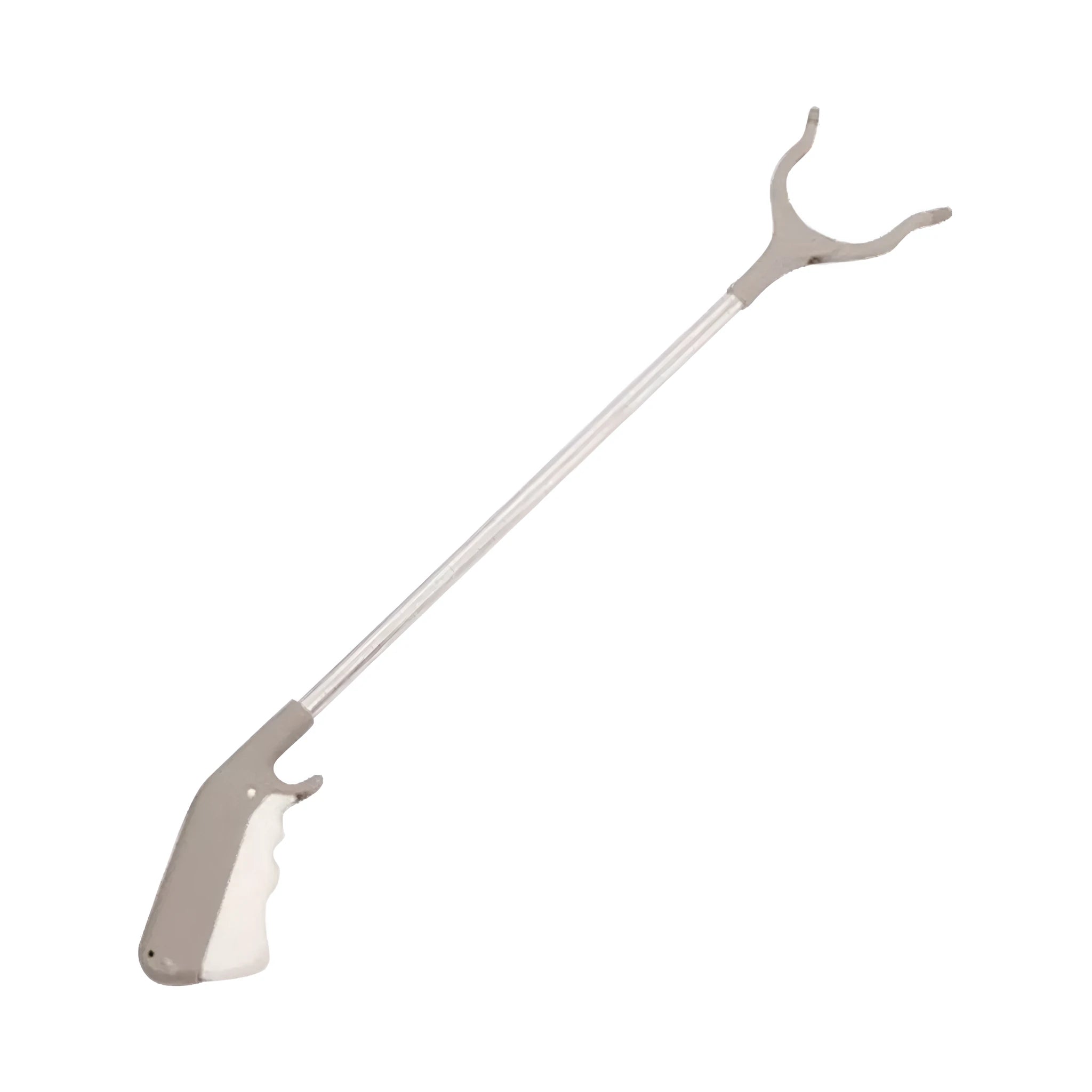 A 40 cm long stainless steel and plastic trash picker tool with a non-slip chuck and push-type handle.
