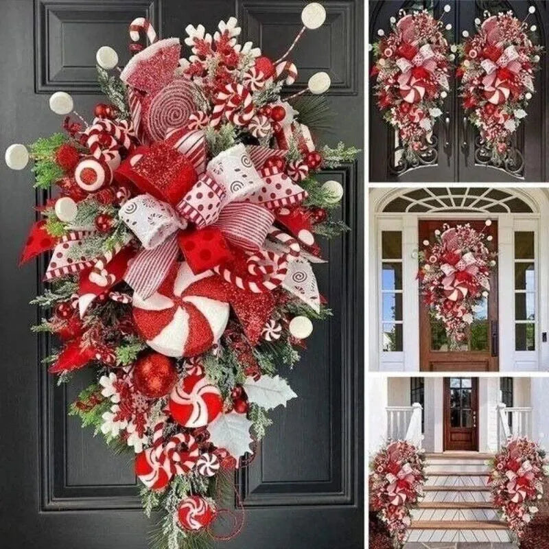 Artificial Christmas wreath with candy and upside-down tree design, 50cm or 60cm, yellow ribbon loops for hanging.